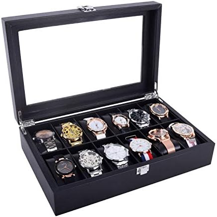 AUTOARK Leather 12 Watch Box Glass Top Watch Jewelry Display Case Organizer,Black Pillow,AW-058