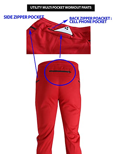 Screenshot Sports-A4059 Mens Premium Fleece Utility Function Sportswear Pants - Athletic Jogger Workout Gym Multi Zipper Pockets Sweatpants-Red-Large #TOP4