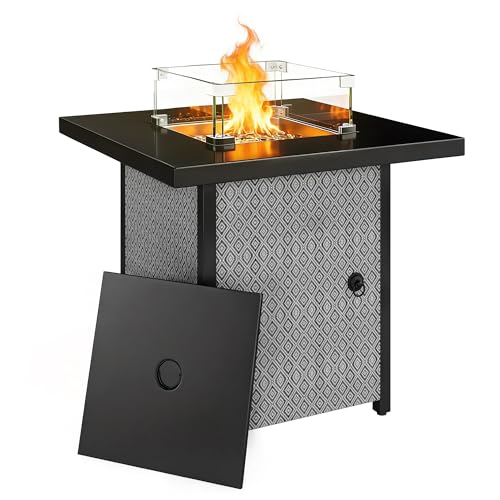 Outsunny Propane Gas Fire Pit Table for Garden, 11.7 KW Smokeless Firepit Outdoor Heater with Wind Guard, Glass Rocks, Lid, Diamond Pattern Sides, Outdoor Garden Dining Table, 71 x 71 x 63cm, Black