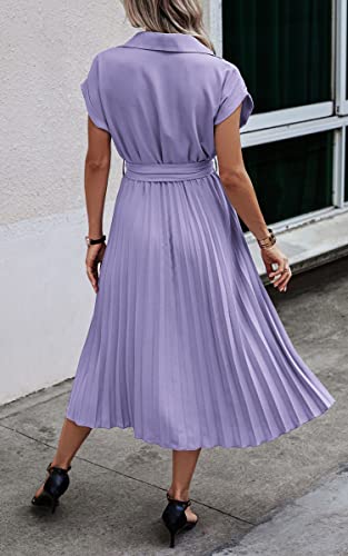 Image of ECOWISH Womens Casual Midi Dresses Solid V Neck Short Sleeve Button Shirt Belted Dress with Pockets for Spring Summer 2026
