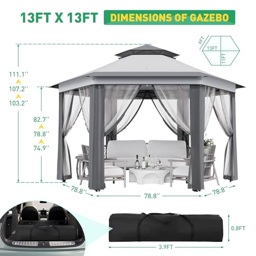 Pop Up Gazebo 13 * 13 Ft 6 Sided - Canopy Tent with Mosquito Net Adjustable Outdoor Gazebo for Backyard, Waterproof Patio Canopy for Parties BBQs - Thumbnail 3