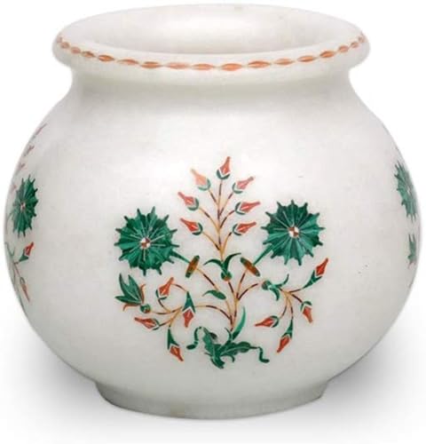 Maceta de piedra de malaquita de 4 pulgadas con incrustaciones, jarrón de mármol blanco para decoración de mesa de oficina