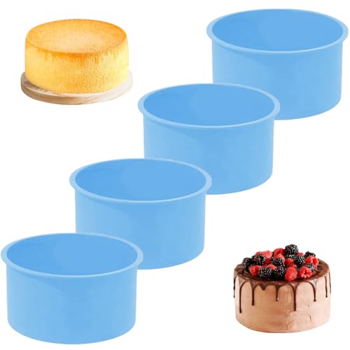 YXHZVON 4 Stück Silikon Backform Rund, 10cm Silikonform Backen BPA-Frei, Silikon Kuchenform Rund Backformen Pfanne für Schichtkuchen Käsekuchen Regenbogenkuchen (Blau)