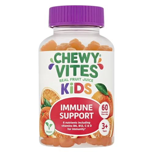 Chewy Vites Kids Immune Support, 60 Kids Vitamins Gummies, High Strength Vitamin D, Vit C, B6, B12, Zinc, Selenium, 2 Months Supply, Real Fruit Juice, Vegan, Age 3 +, Orange Flavour