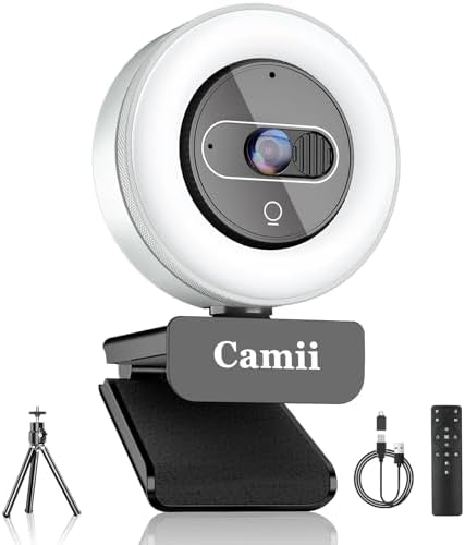 4K Webcam with Light, HD Webcam for PC with Remote Control, Built-in Privacy Cover, Adjustable Brightness, Noise Reduction Mics, for Zoom Skype Teams Laptop and Google Meet