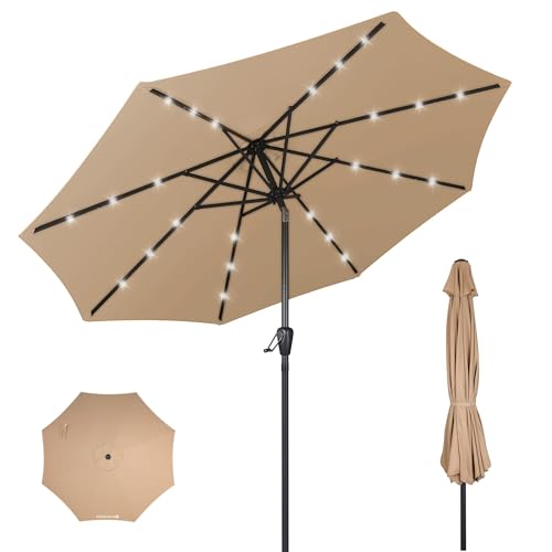 HOMEDEMO Sonnenschirm Balkon 270 cm Khaki mit Kurbel LED-Lichtern, Balkonschirm, Gartenschirm, Strandschirm, Marktschirm, Terrassenschirm, Tischschirm, Schutz 50+ Knickbar Neigbar, patio umbrella