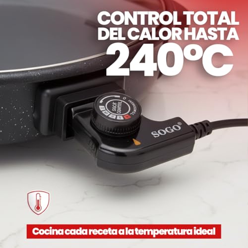 Miniatura 3 de Sogo Paellera Eléctrica Multiusos Olla Eléctrica Para Cocinar 1500w, 9 Cm Profundidad, Antiadherente Con Termostato 240 C - Sartén Eléctrica Con Regulador De Temperatura Y Tapa De Cristal