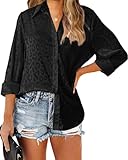 BTFBM Button Down Satin Blouses for Women Dressy Casual Lapel V Neck Long Sleeve Shirts Loose Business Work Tops 2024(Leopard Black, X-Large)