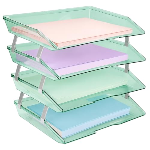 Acrimet 4 Tier Paper Letter Tray Side Load Letter Size, Office Desk File Document Organizer Plastic (Clear Green)