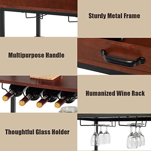Giantex Kitchen Island Cart Rolling Industrial Style Trolley 3-Tier Serving Cart Utility Cart Wood Kitchen Stand With Glasses Holder And Wine Bottle Rack, Metal Frame And Castors, Rustic Brown #TOP4