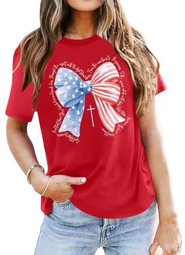 Image of Ithalt Christian Tshirt Womens 4th of July Shirt American Flag T Shirt USA Patriotic Tees Faith Short Sleeve Tops