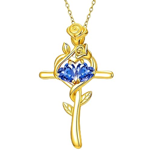Midari 18K Gold Plated Heart Pendant with September Sapphire and September Sapphire Birthstones Necklace Rose Cross Pendant Birthday Jewelry Gifts for Wife Her Daughter Mom by Midari - Used condition - US$134.20