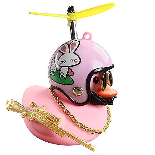 U-Goforst Pink Duck Cute Rubber Duck Toy Car Ornaments Car Dashboard Decorations with Propeller Helmet, Sunglasses, Gold Chain and Gun (Pink Rabbit)
