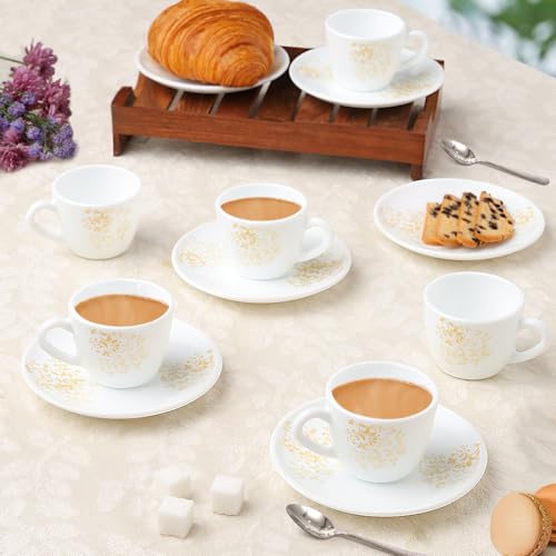 Larah by BOROSIL Ingot Opalware Cup and Saucer Set of 12 pcs | Tea/Coffee Cups 90 ml | Microwave & Dishwasher Safe | Bone-Ash Free | Crockery Set Ideal for Daily Use & Gifting, White