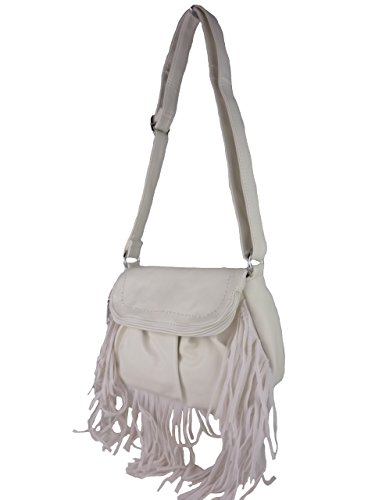 Franzi kleine Fransentasche E113, Umhängetasche Leder Optik (weiß)