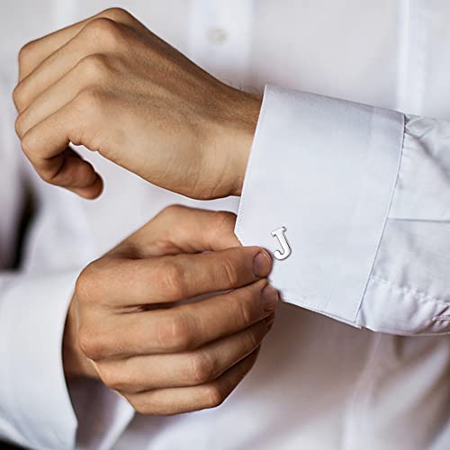 Ubgicig 2 Pairs Cufflinks For Men Personalized Initial Cufflinks Silver Tone Black Alphabet Cuff (J) #TOP5