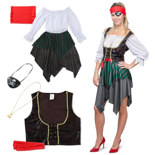 Festicy disfraz pirata mujer completo I Talla M I Accesorios pirata mujer - Traje con vestido, chaleco, parche del ojo, cinturón y más I Ideal pirata halloween y disfraz carnaval 2024