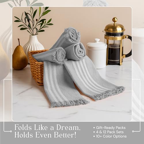 Image of Prewashed Stripe Kitchen Towels 4 Pack, 100% Cotton Tea Towels, 16 inchx26 inch Quick Dry Dish Cloths for Drying, Reusable Wash Cloths for Cleaning, Absorbent and Washable - Light Grey
