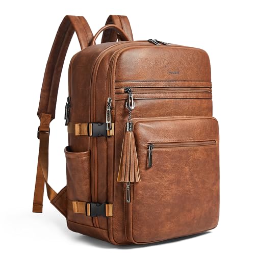 Shrrie Laptop Backpack for Women,Vegan Leather Backpack Work Computer Backpacks fits 16" Laptop,Water Resistant Teacher Nurse Casual Daypack for Weekender Camping Travel,Two-toned Brown