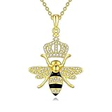 YAFEINI Queen Bee Pendant Sterling Silver Crown Necklace for Women, 18' Rolo Chain, 925 Sterling Silver, White Gold Plated, Cubic Zirconia Stones