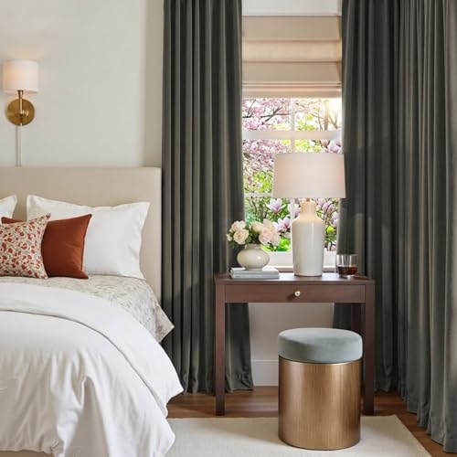 Image of Grey Velvet Curtains Modern Luxury Grommet 52x84 Inch 2 Panels | Soft, Room Darkening, For Bedroom & Living Space, Light Shifting Texture, Elegant Drape, Cozy Ambiance, Smooth Glide