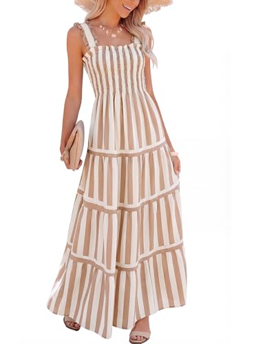 Image of Caracilia Womens Summer Maxi Dresses Floral Smocked Sleeveless Ruffle Boho Casual Flowy Aline Beach Vacation Long Sundress