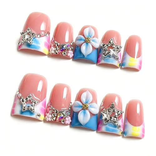 Handmade Acrylic Press On Nails Short Duck Shape Blue Tie Dye French Tip