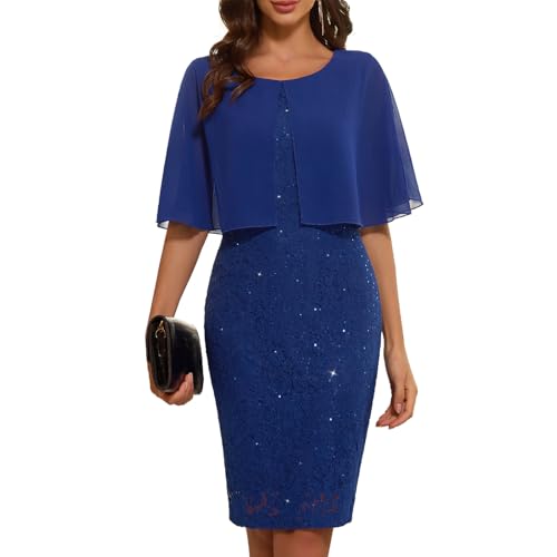 COOAN Women's Wedding Guest Cape Dress Cocktail Party Formal Chiffon Lace Sequin Dress