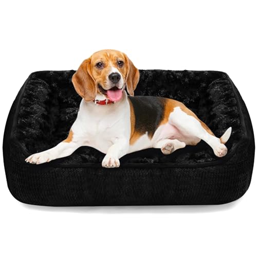 Image of Muecleao Dog Bed for Small and Medium Dogs, Washable Rectangular Pet Bed with Soft Plush Interior, Anti-Slip Bottom, Cozy Sleeping Nest for Puppies & Cats (Black, 60 x 50 x 14 cm (L x W x H))