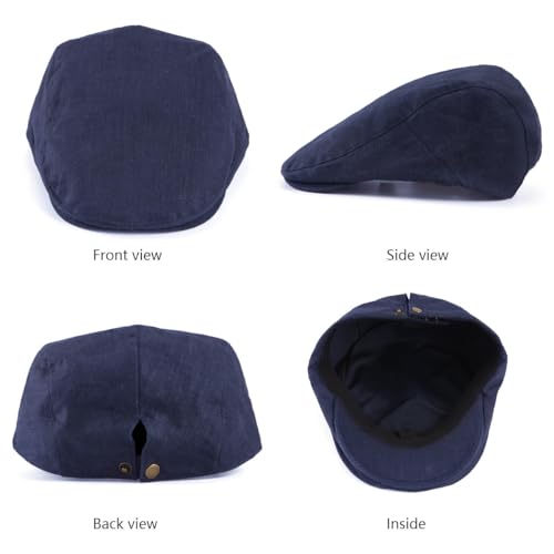 Classic Solid Flat Cap Newsboy Hats for Men Cabbie Driving Scally Adjustable (Linen, Cotton, Nylon, Spandex, L05 Navy)