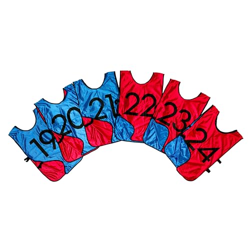 LVL10 Pro Sports Pinnies - Reversible Numbered Pinnies with Premium Fabric, Comfortable Fit and Fade-Resistant Print - Adults Kids (Small, 6 Pack (19-24), Red/Blue)