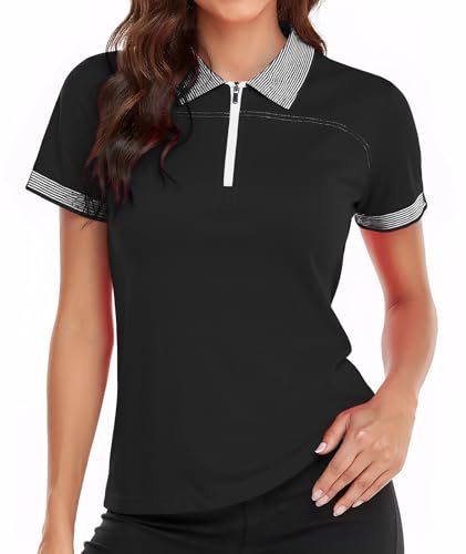 Little Beauty Golf Shirts for Women with Zip Up Moisture Wicking Polo Black L