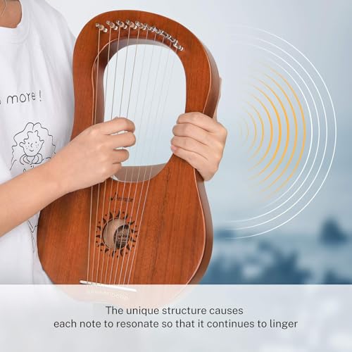 Image of Donner DLH-002 Lyre Harp, 10 Metal Strings Bone Saddle Mahogany Lyre Harp with Tunning Wrench, Extract Strings, Manual and Gig Bag