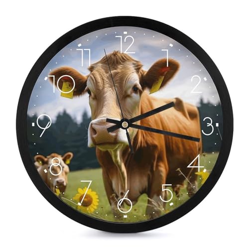 Horloge murale silencieuse moderne avec imprimé vache marron - Horloge murale numérique à piles pour bureau, salle de classe, école, maison, salon, chambre à coucher, cuisine