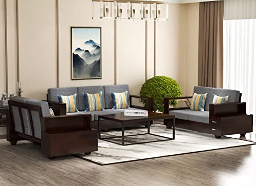 Image of Sheesham Wood 7 Seater Sofa Set with 2 Drawer Storage | 3+2+2 Wooden Sofa Set Furniture for Living Room Home Office (Walnut Finish)