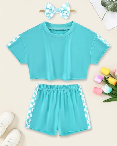 Image of SANMIO Toddler Girl Clothes Summer 3 Piece Outfits Cute | Short Sleeves Checkered Tops Shorts and Headband Girls Clothing Set