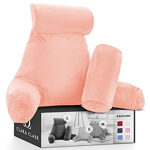 Clara Clark Reading Pillow, Back Rest Pillow for Sitting in Bed with Arms for Kids & Adults - Premium Shredded Memory Foam TV Sit Up Pillow - Large, Peach