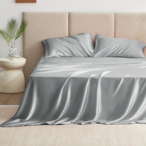 Love's cabin Full Size Satin Sheet Sets - 4 Piece Silver Silky Sheet Set with Deep Pocket, Luxury Silk Feel Satin Sheets Full Bedding Set (1 Flat Sheet,1 Fitted Sheet,2 Pillow Cases)