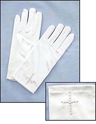 Religious Gifts White Satin First Communion Gloves with Beaded Cross Design - Thumbnail 3