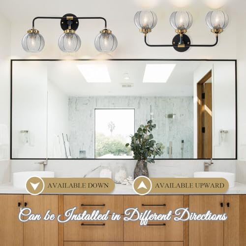 Image of Black Bathroom Light Fixtures 3-Lights Vintage Vanity Wall Sconce Over Mirror with Ribbed Smoky Gray Globe Shade Mid Century Modern Lights Fixture Art Deco Farmhouse Vanity Lighting