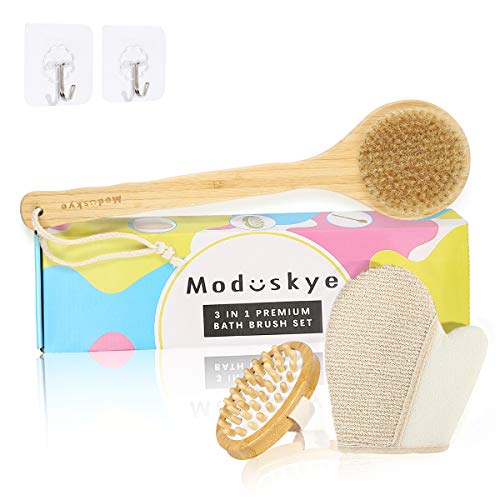 Shower Brush, Moduskye Bamboo Back Brush with Long Handle, Back Scrubber for Wet Dry Brushing Skin Exfoliating, Bristles Soft Shower Glove For Women Girl Friend Mom Gift