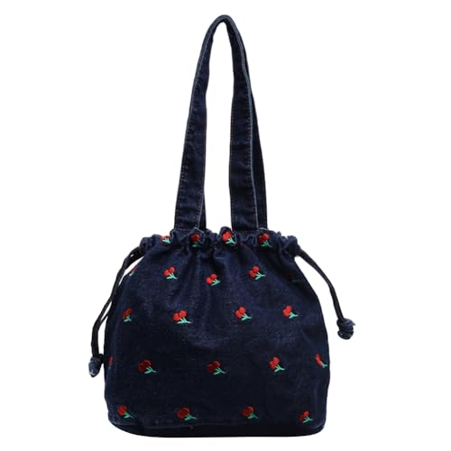 Women Denim Shoulder Bag Embroidered Cherry Underarm Bag Drawstring Handbag Jean Commuting Shopping Bag