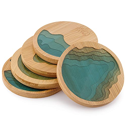 KASTWAVE Bamboo Coaster Drink Mat, Epoxy Resin Coasters, Coaster for Cups, Dinning Table Accessories, Round Ocean Wave Handcraft, Gift for Birthday, Housewarming Room Restaurant Decor, 5 Pcs