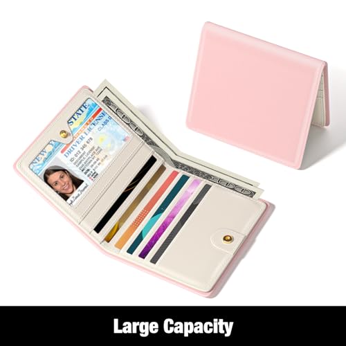Image of Rouidr Womens Wallet, RFID Small Slim Wallet for Women, Cute Bifold Leather Pocket Credit Card Holder Ladies Mini Purse with Zipper Coin Pocket & ID Window, Pink
