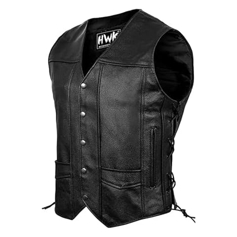 HWK Black Leather Motorcycle Vest with Pockets Cover