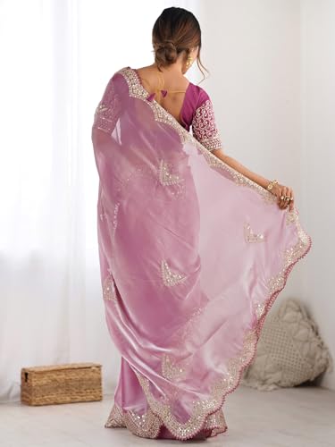 Image of Satrani Women's Tissue Silk Sequin Embroidery Scalloped Border Saree with Unstitched Blouse Piece