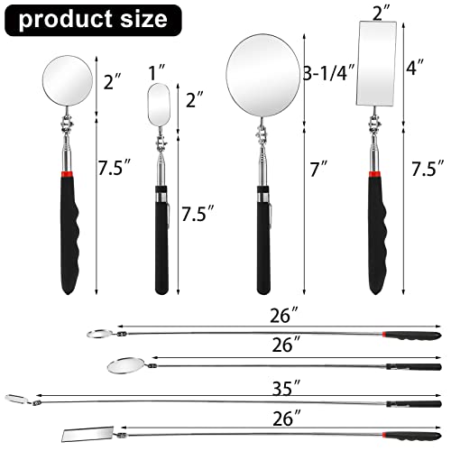 Jucoan 4 Pack Telescoping Inspection Mirror, Flexible Inspection Mirror Round and Rectangular Adjustable Inspection Mirror for Observing Vehicle Small Details,Extends up to 25 Inch, 360 Swivel - Thumbnail 2