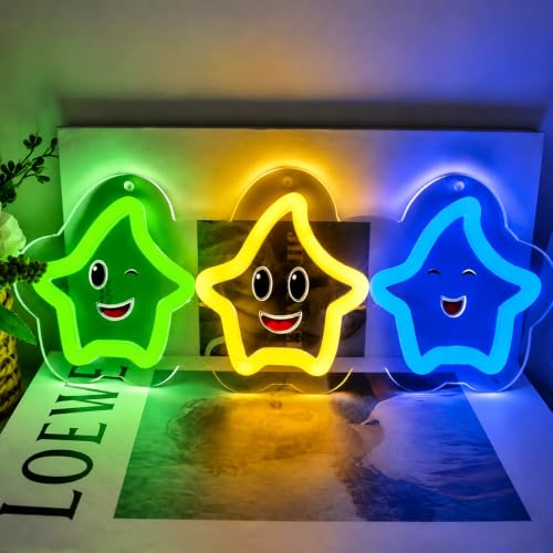 Image of Cute Stars Neon Sign Gaming LED Neon Light for Wall Decor, Dimmable Colorful Cartoon Stars for Gaming Room Bedroom Kids Room Party Decoration Gifts for Kids
