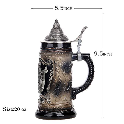 Aeiddrwaa 0.6 Liter Charcoal Black Ceramic Stein Beer Mug With Medieval Germany Eagle Coat Of Arms On Engraved Metal Medallion #TOP2