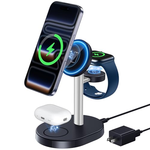 Hevanto 2026 MagSafe充電器 3in1 ワイヤレス充電器 Qi認証 極小 15W急速充電スタンド iPhone 17/17e/16/15/14/13/12 Watch AirPods対応 マグセーフ充電器 3台同時充電 まぐせいふ強力磁気 超低温 超軽量 置くだけ充電 卓上すっきり 省スペース アダプター付属 シルバーブラックの商品画像（Amazon）